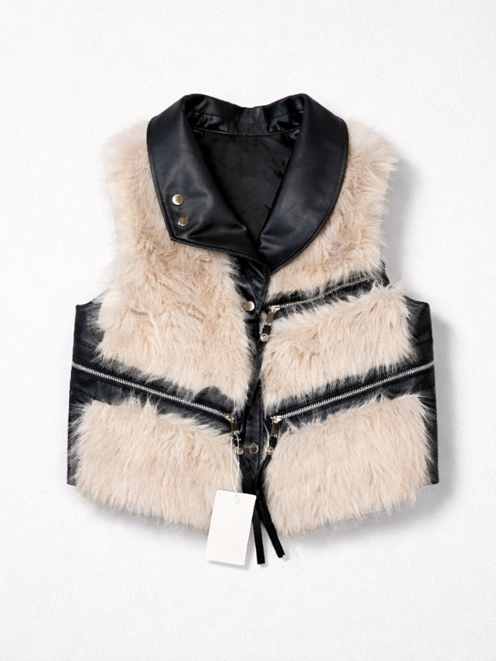 Faux Fur and Leather-Trim Vest in Beige